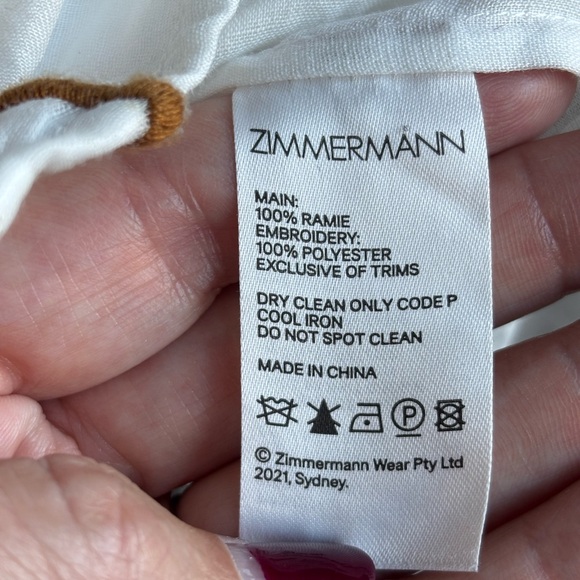 Zimmermann White Blouse Ruffle and Brown Embroidered Trim, Size 0 XS - Picture 10 of 11
